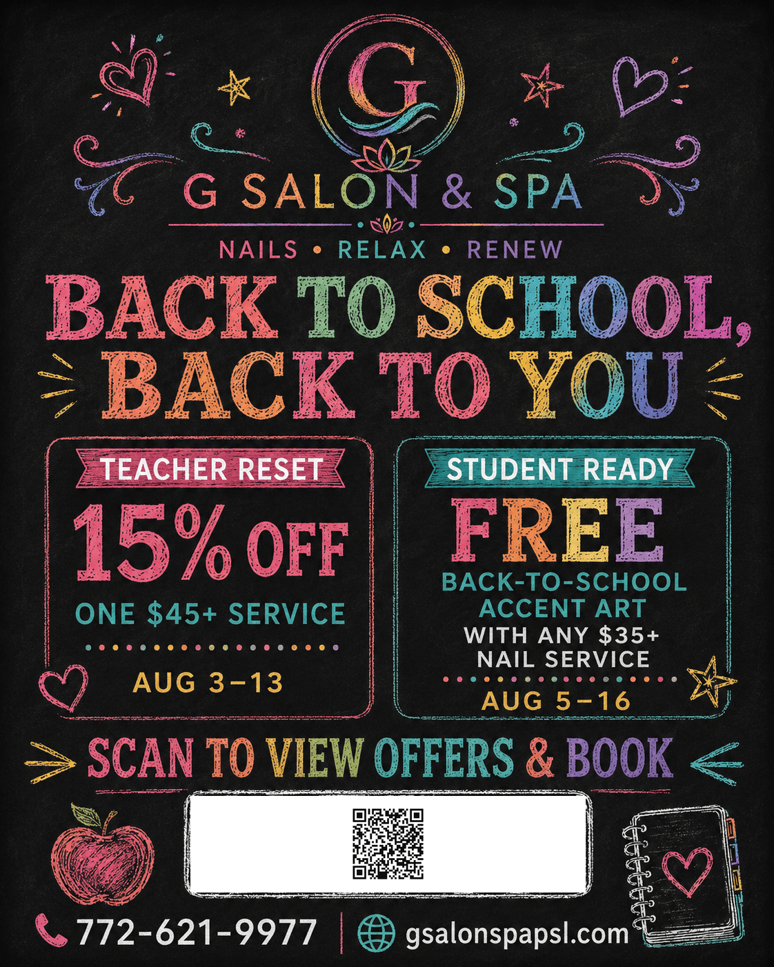 G Salon & Spa Back to School chalkboard flyer with address and phone number