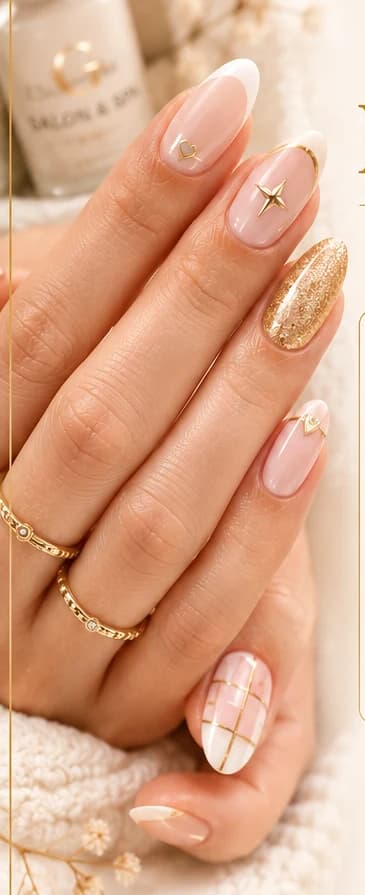 G Salon & Spa back-to-school manicure with gold star and heart accent nails