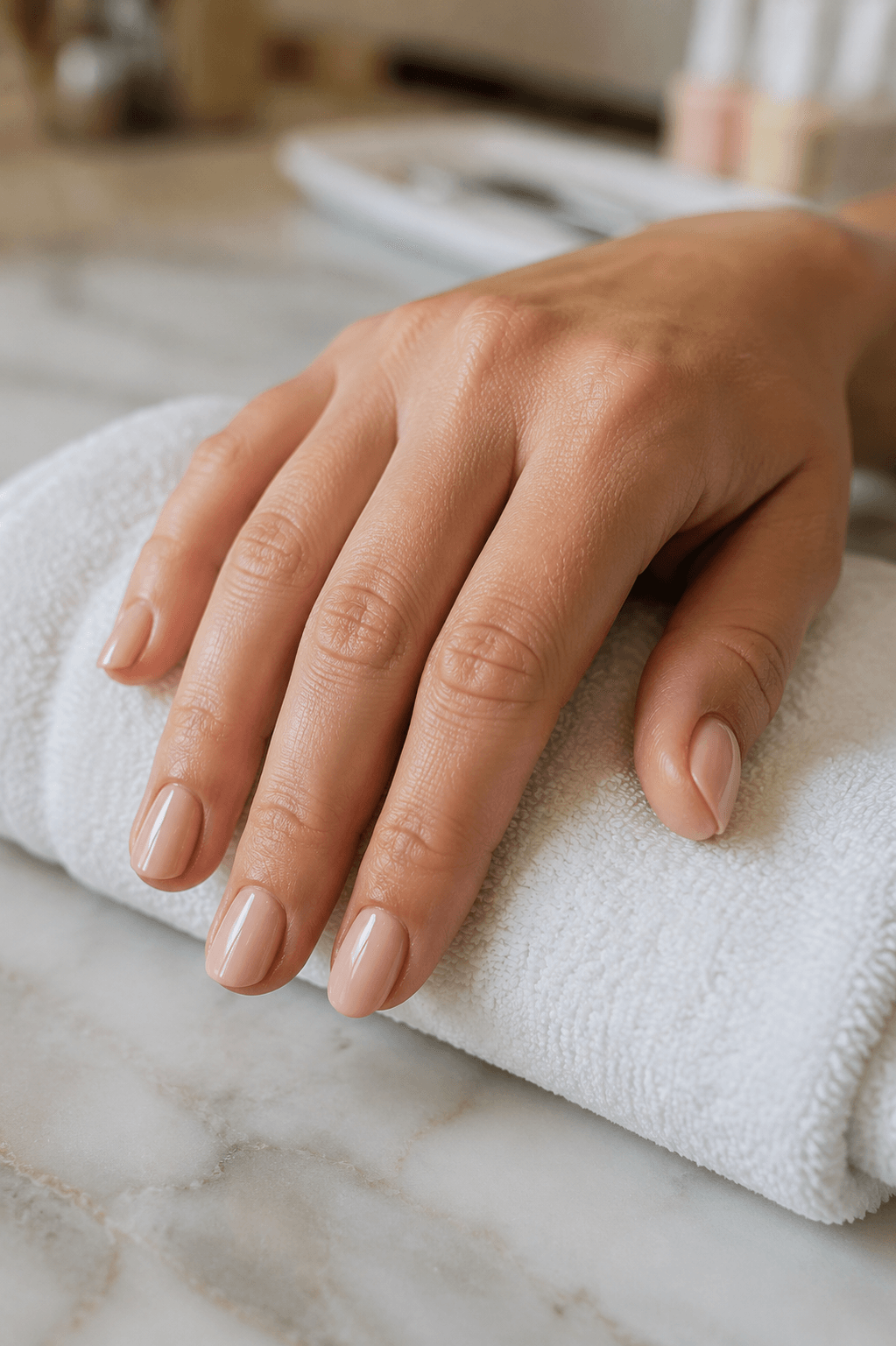 Natural nude gel manicure for a bridesmaid resting on a towel at G Salon & Spa in Port St. Lucie, FL