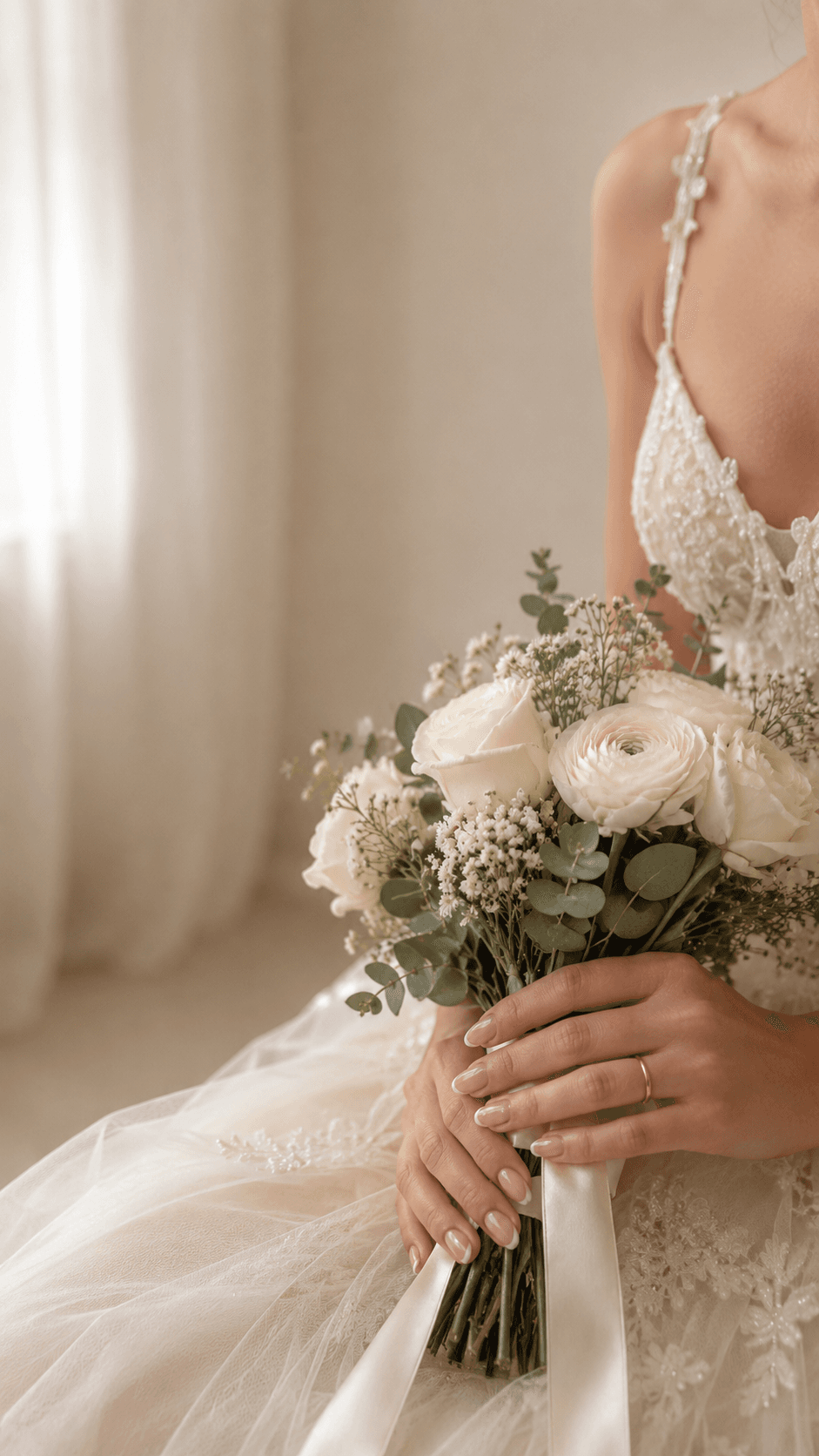 A bride in her wedding gown holding a bouquet, showing off her fresh bridal manicure at G Salon & Spa in Port St. Lucie, FL