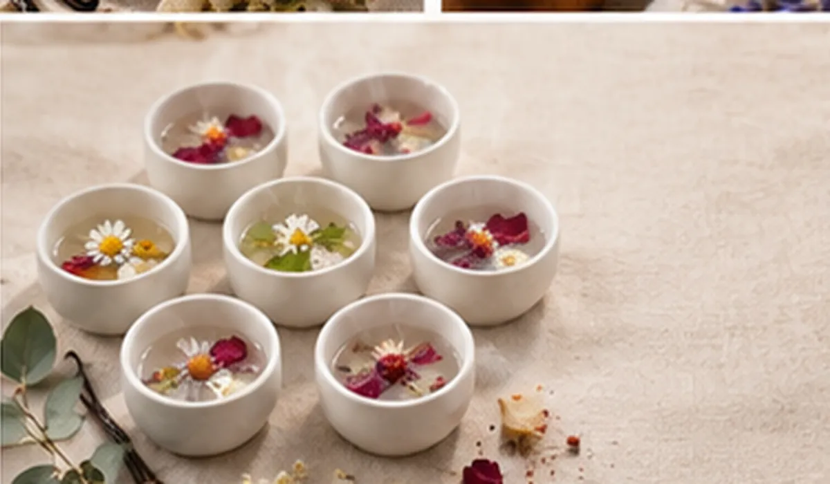 A row of small white soak bowls filled with water, dried petals and daisies
