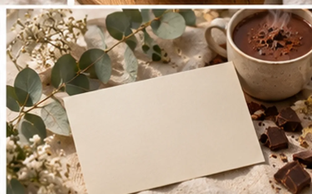 A blank gift card on a linen table with eucalyptus sprigs and a mug of cocoa