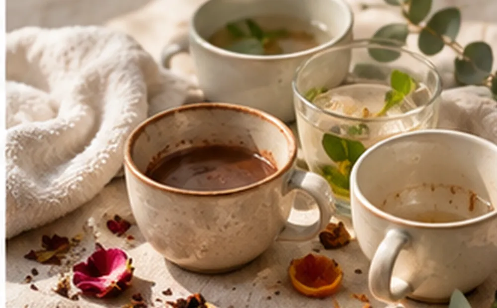 Stoneware cups of tea and cocoa arranged with rose petals on a linen cloth