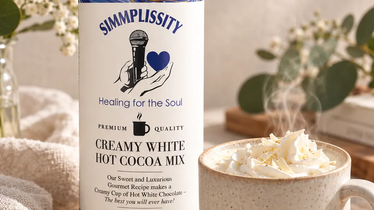 The SIMMPLISSITY Creamy White Hot Cocoa Mix tin beside a mug of white cocoa