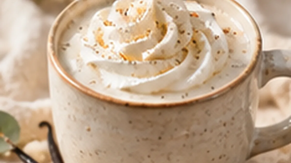 A speckled stoneware mug of creamy white hot cocoa topped with whipped cream