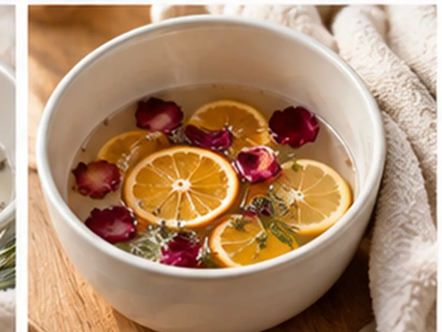 A warm soak bowl with dried orange slices and rose petals