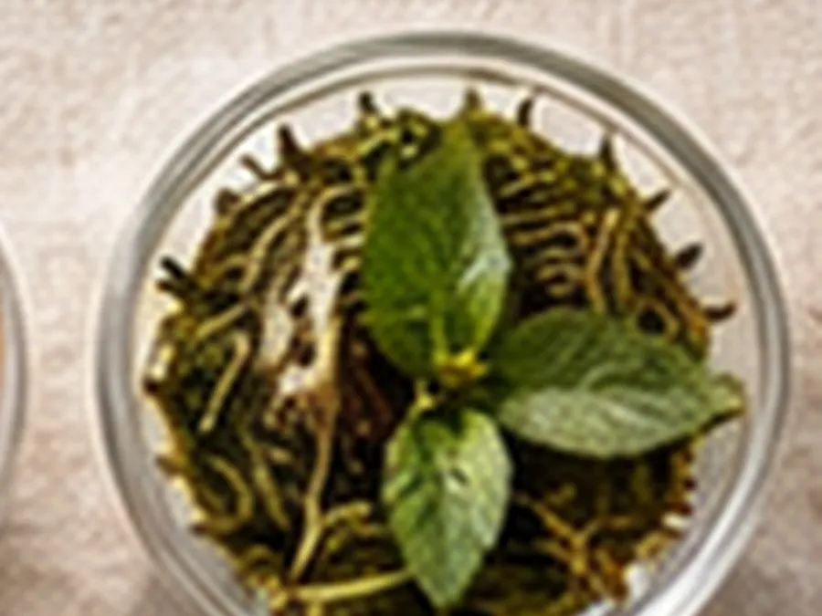 A glass bowl of loose green tea leaves topped with fresh mint