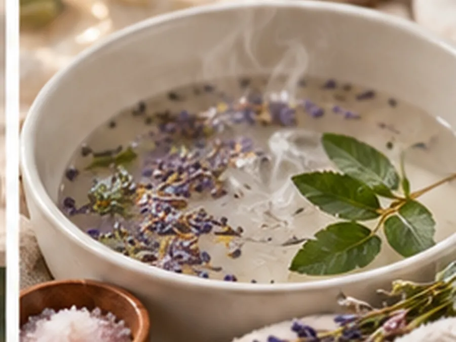 A warm soak bowl scattered with dried lavender buds and a green sprig
