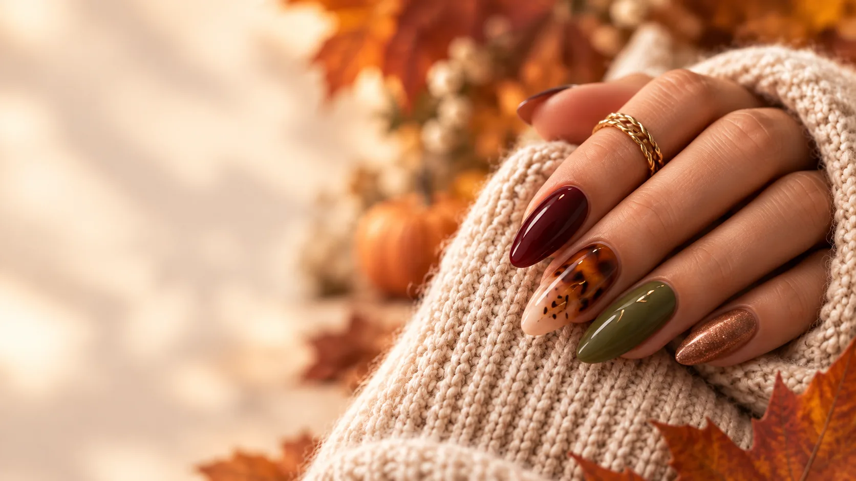 Fall almond nails at G Salon & Spa in Port St. Lucie, FL — burgundy, tortoiseshell, olive and copper shimmer on a cream knit sweater