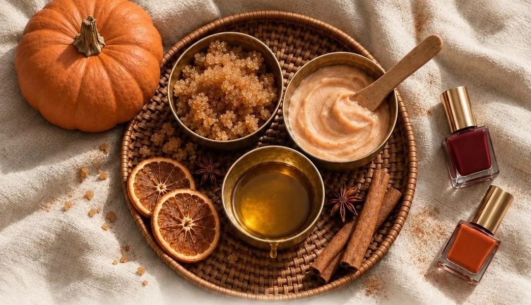 Pumpkin spice pedicure tray with sugar scrub, pumpkin cream, honey, dried orange and cinnamon on a woven tray