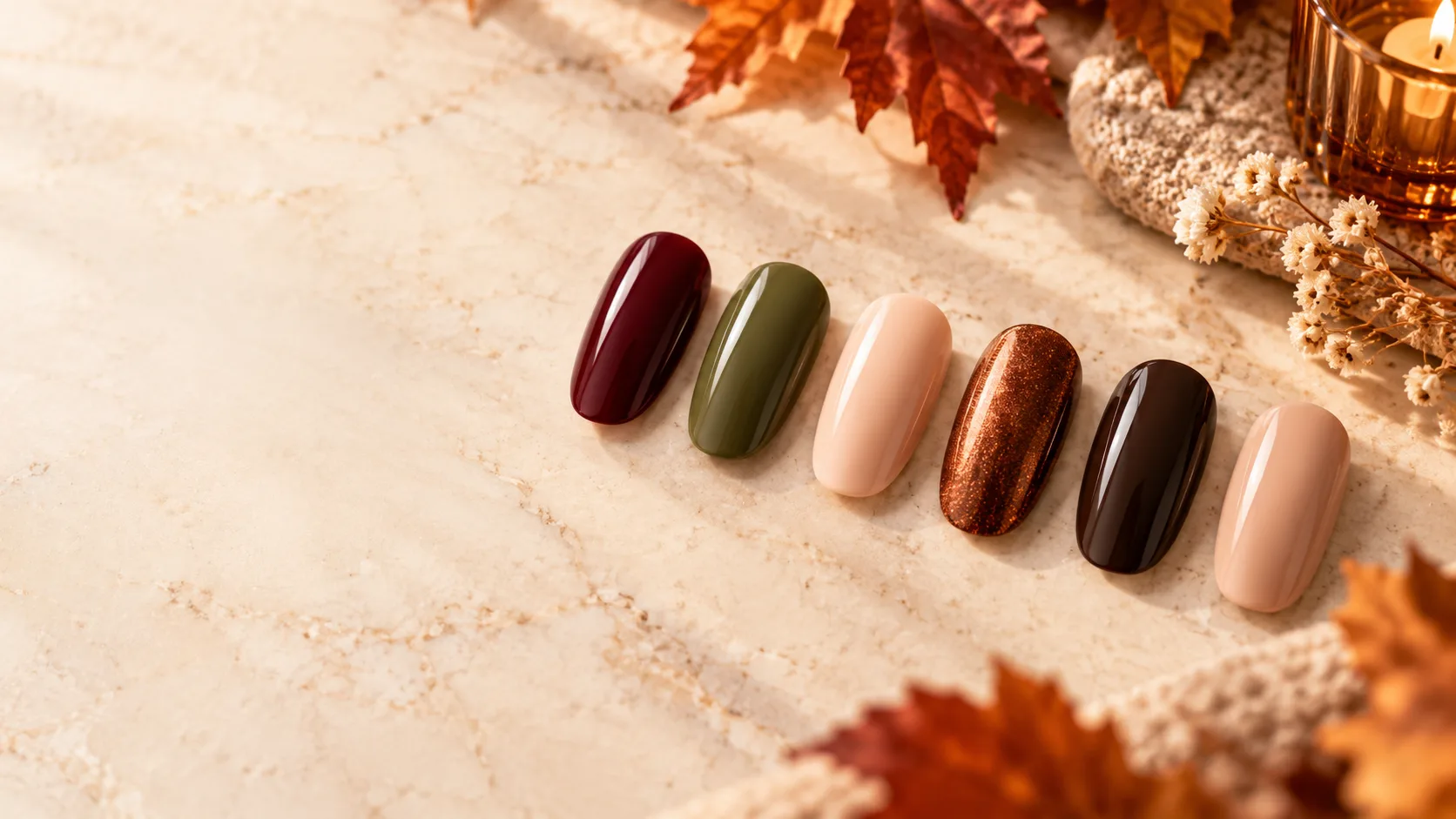 Fall nail shades at G Salon & Spa — merlot velvet, olive glaze, apricot French, amber glass and espresso chrome — on marble in Port St. Lucie, FL