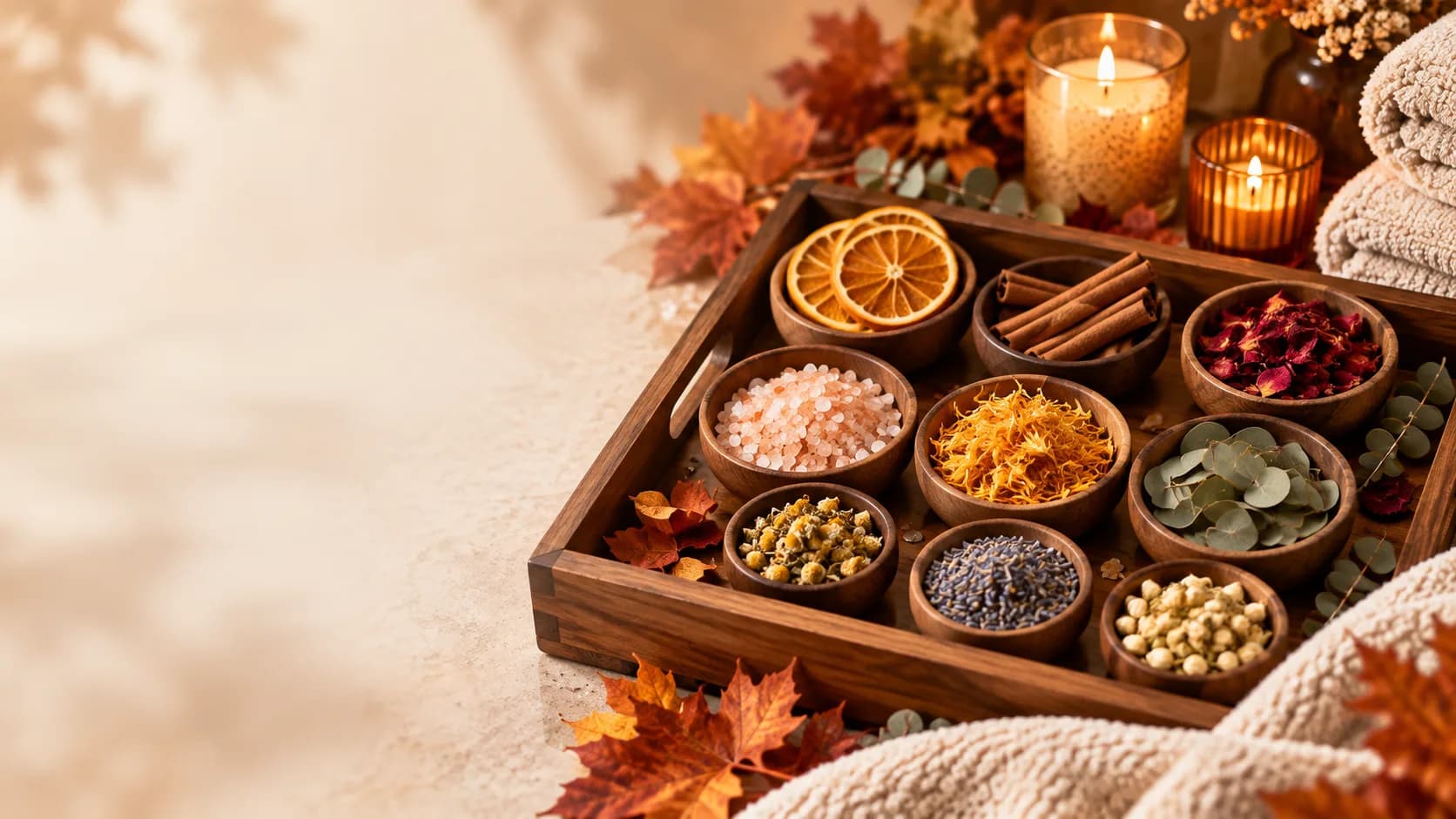 Herbal foot soak tray with dried orange, cinnamon, rose petals, Himalayan salt, calendula and eucalyptus at G Salon & Spa in Port St. Lucie, FL