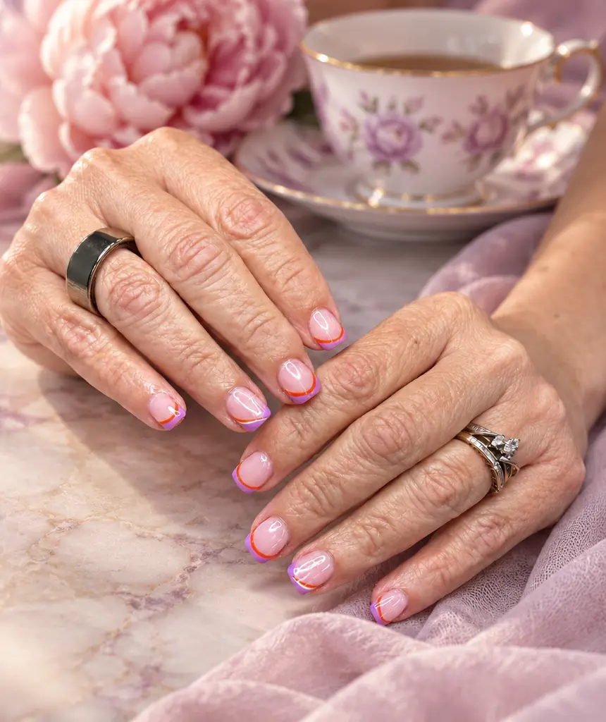 Inspired by a real G Salon set: short sheer ballet-pink nails beside a teacup and pink peonies