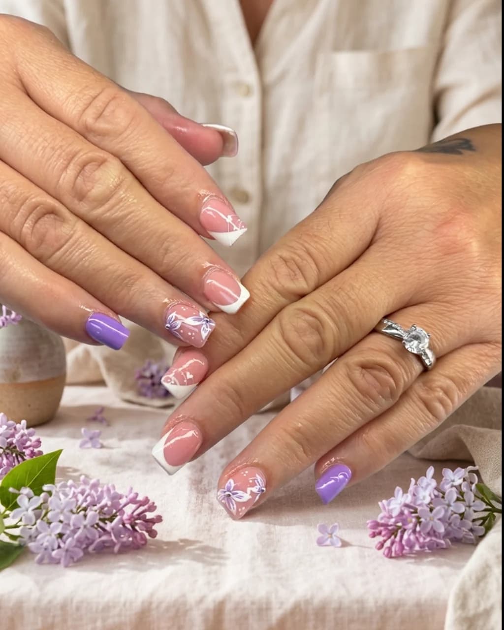 Inspired by a real G Salon set: French tip nails with one lilac accent nail and butterfly art beside lilac flowers