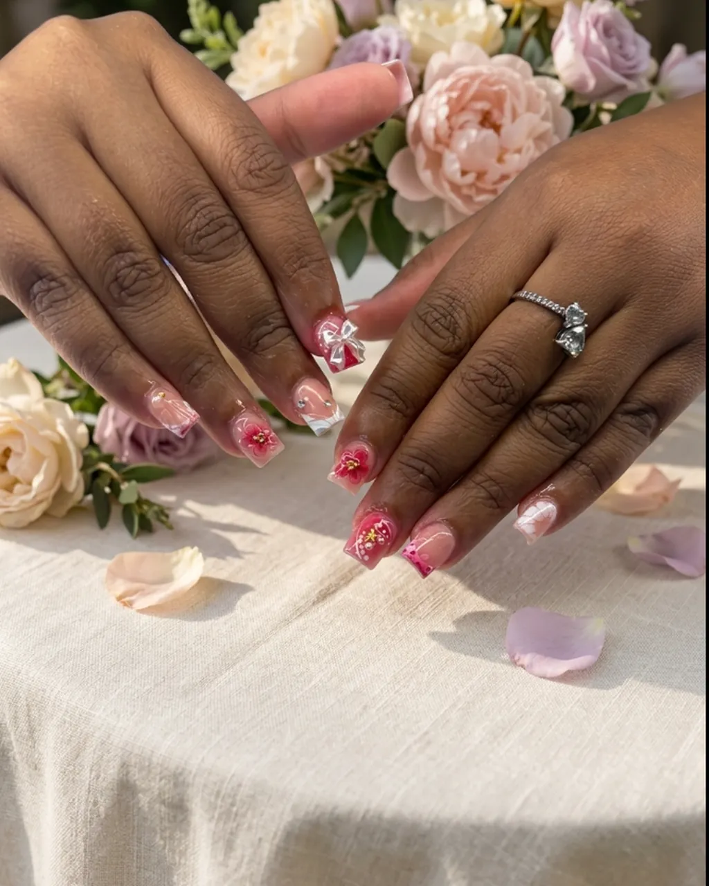 Inspired by a real G Salon set: pink French tip nails with small red flowers beside blush peonies