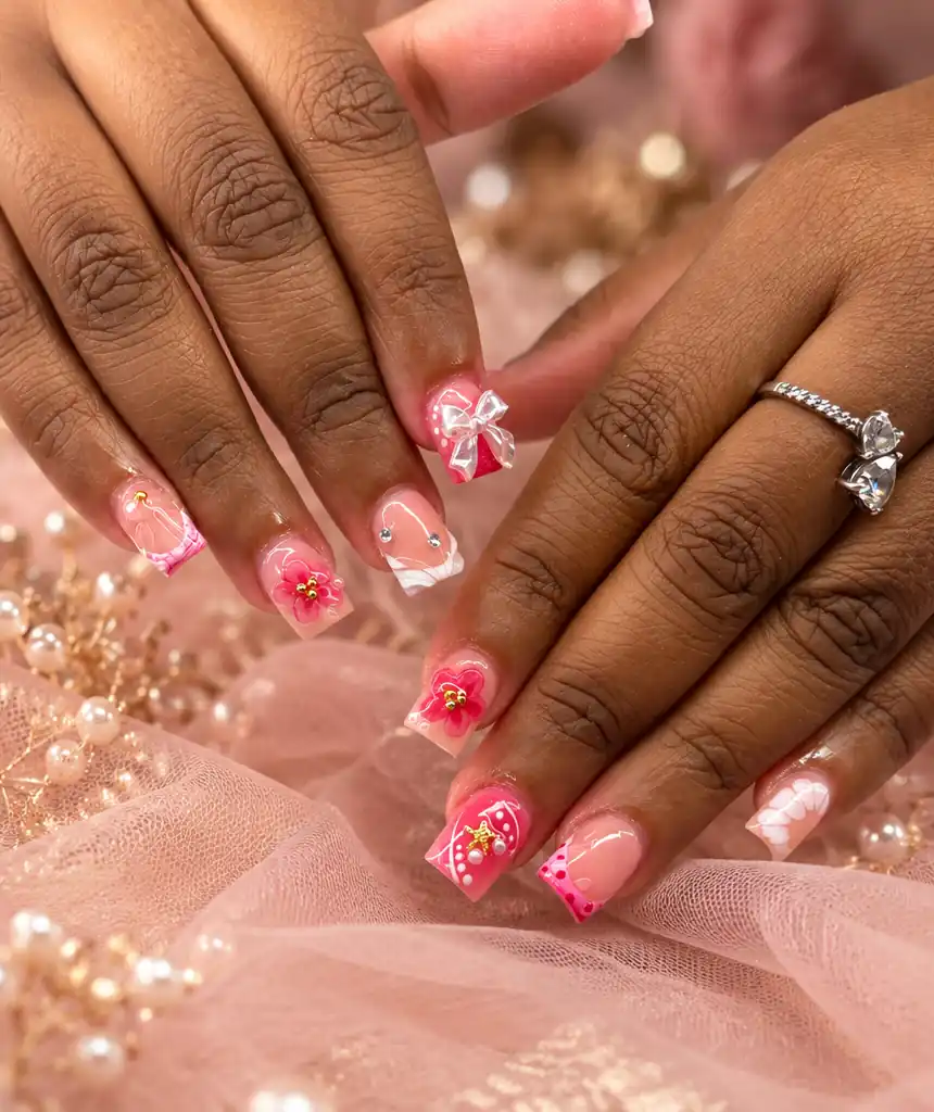 Inspired by a real G Salon set: pink French tips with raised pink 3D flowers and white bows on blush tulle beside a tiara