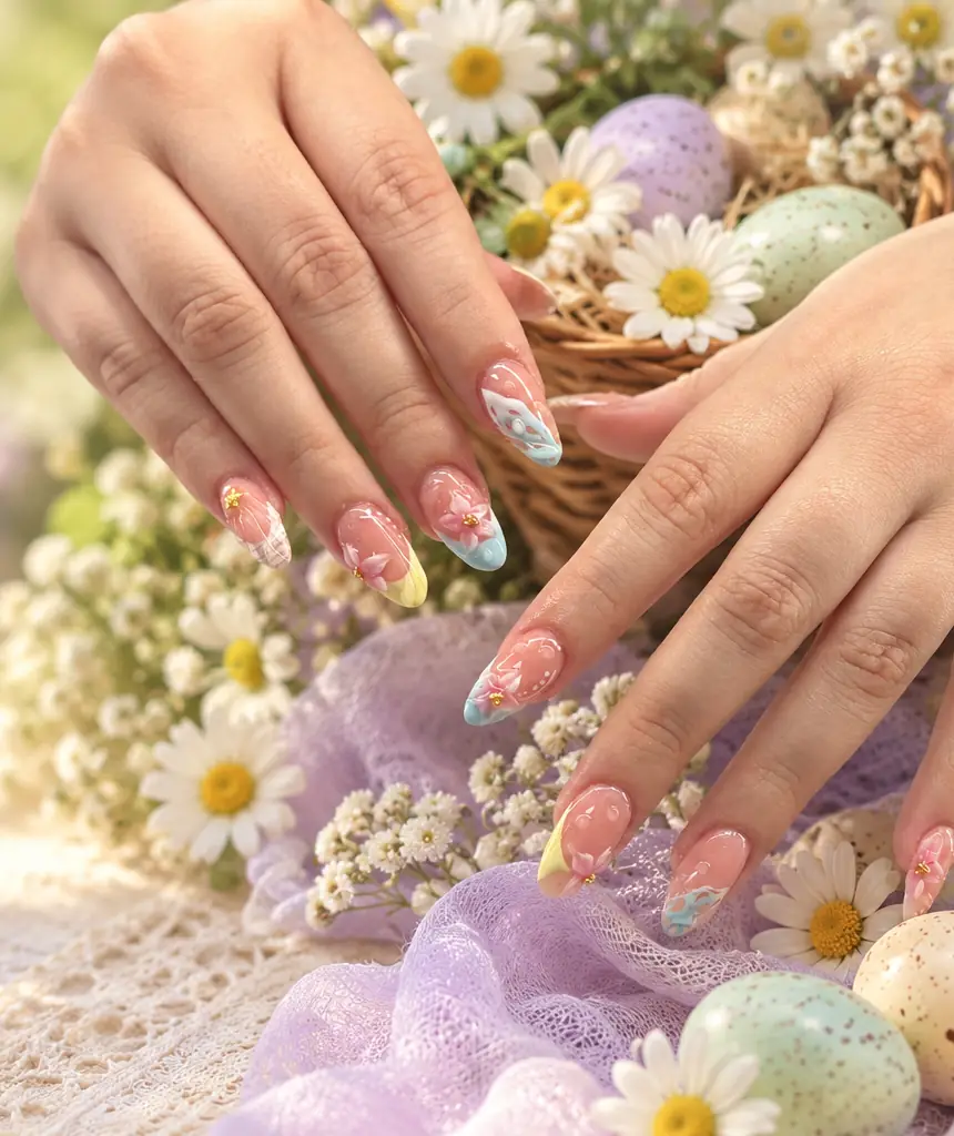 Inspired by a real G Salon set: pastel French tips with small floral accents beside a basket of speckled eggs and daisies