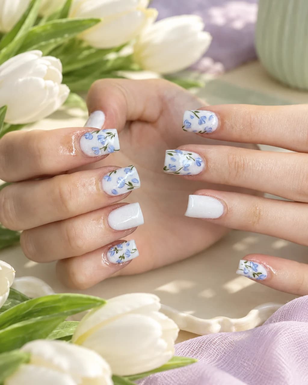 Inspired by a real G Salon set: milky white nails with soft blue-grey floral art beside white tulips