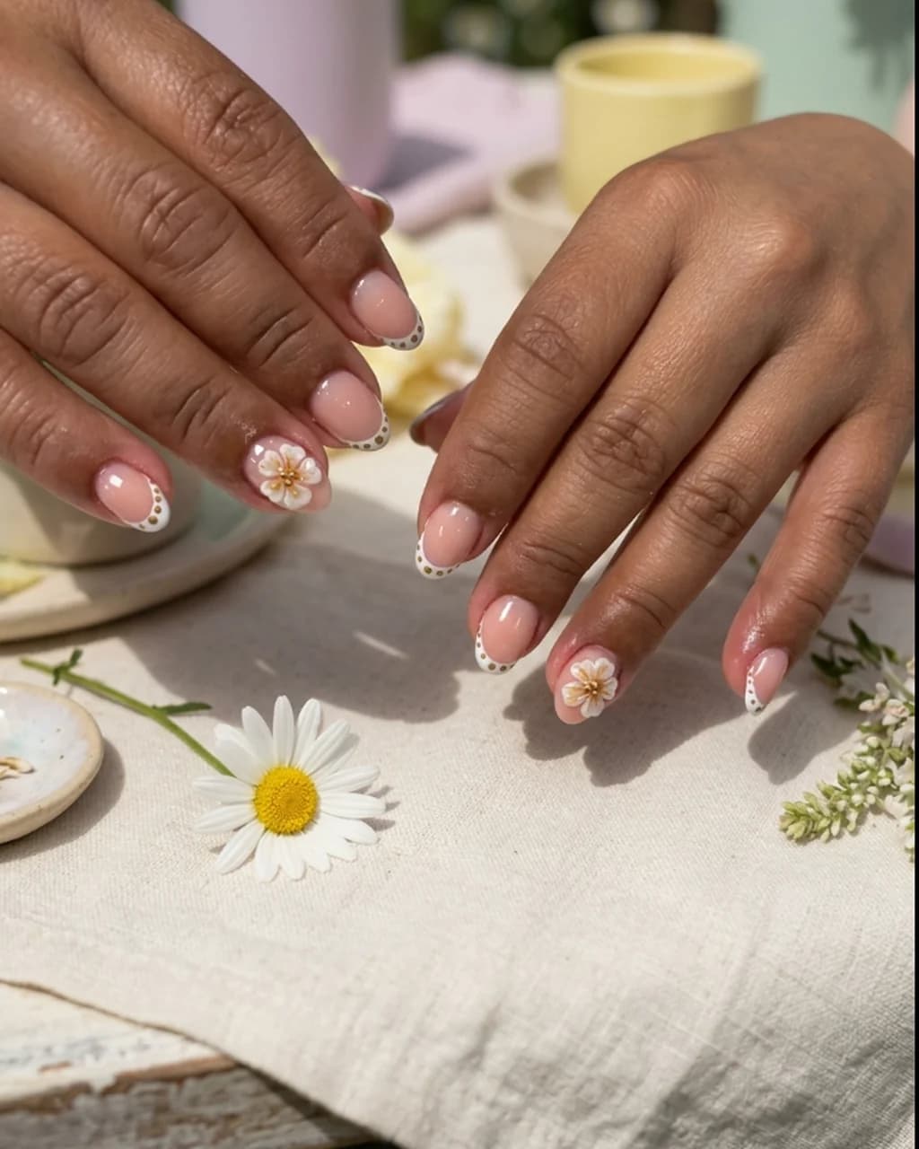 Inspired by a real G Salon set: sheer nude nails with tiny painted flowers beside daisies