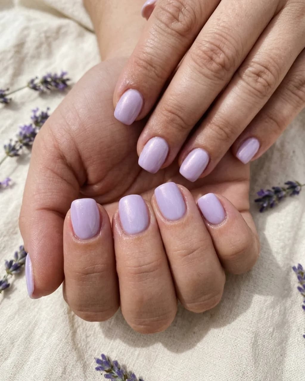 Inspired by a real G Salon set: almond nails in soft lavender with a pearly glazed finish beside lavender sprigs