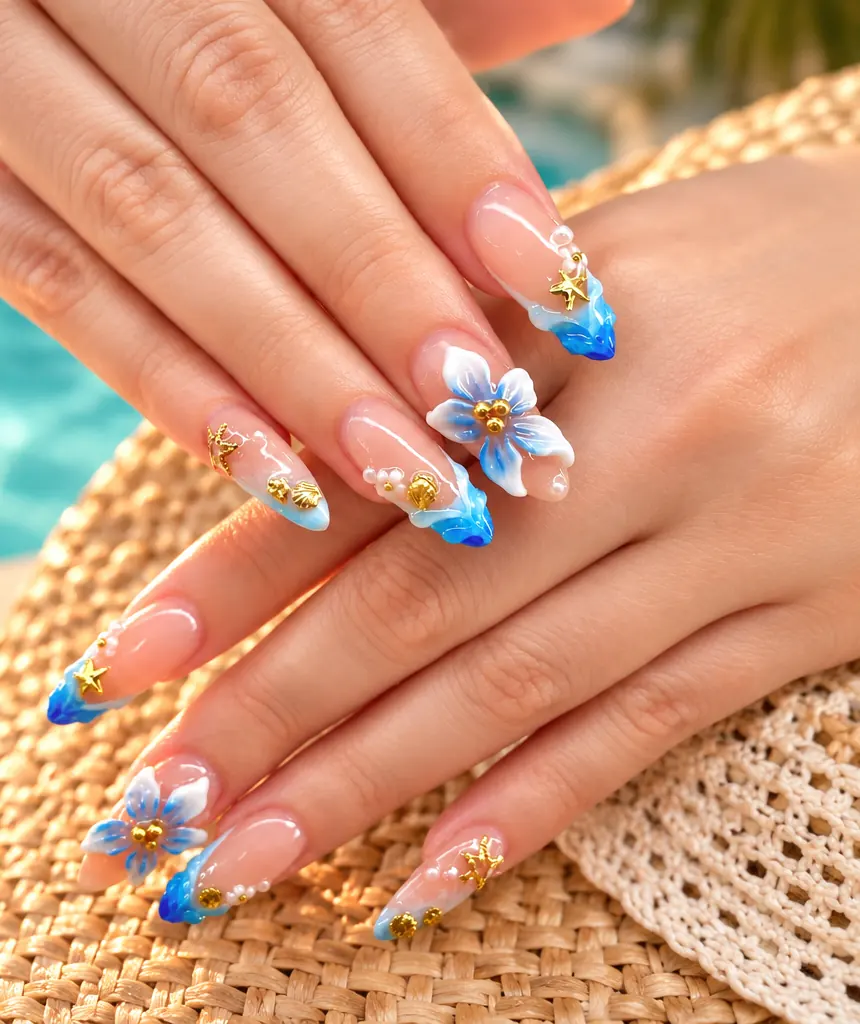 Inspired by a real G Salon set: blue French tips with a raised white-and-blue 3D flower and gold charms on a straw hat by a pool