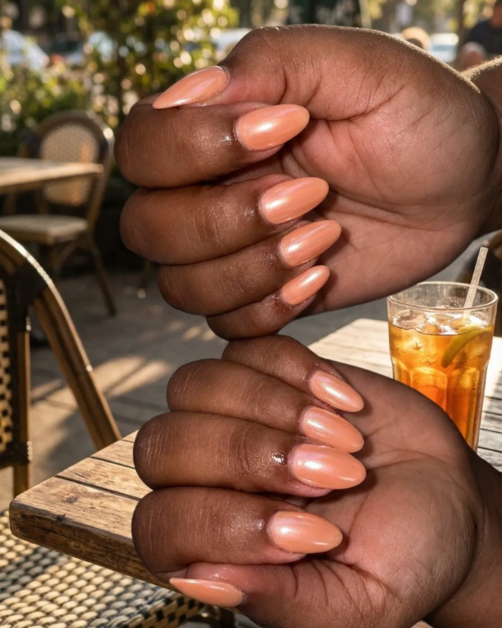 Inspired by a real G Salon set: peach almond nails with a pearly chrome sheen holding a glass of iced tea
