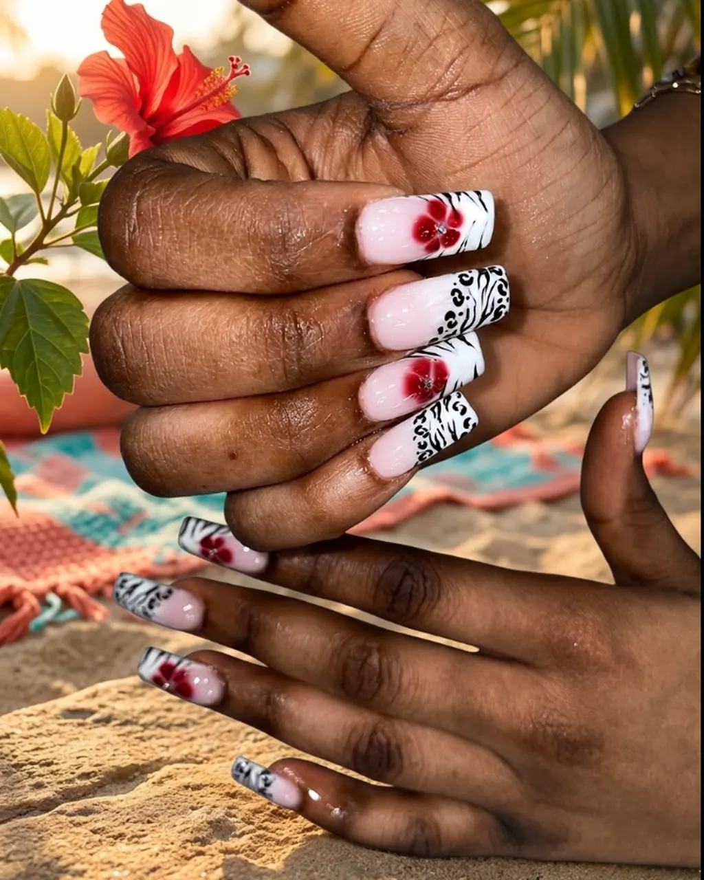 Inspired by a real G Salon set: white nails with red hibiscus flowers and zebra-stripe art beside a red hibiscus