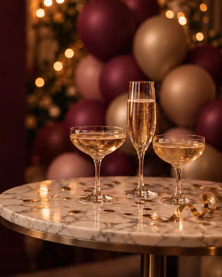 Illustration: champagne glasses and gold confetti on a marble table with burgundy and champagne balloons behind