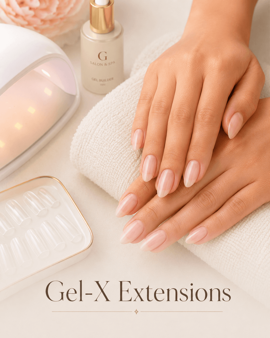 Gel-X soft gel extensions in a glossy natural pink