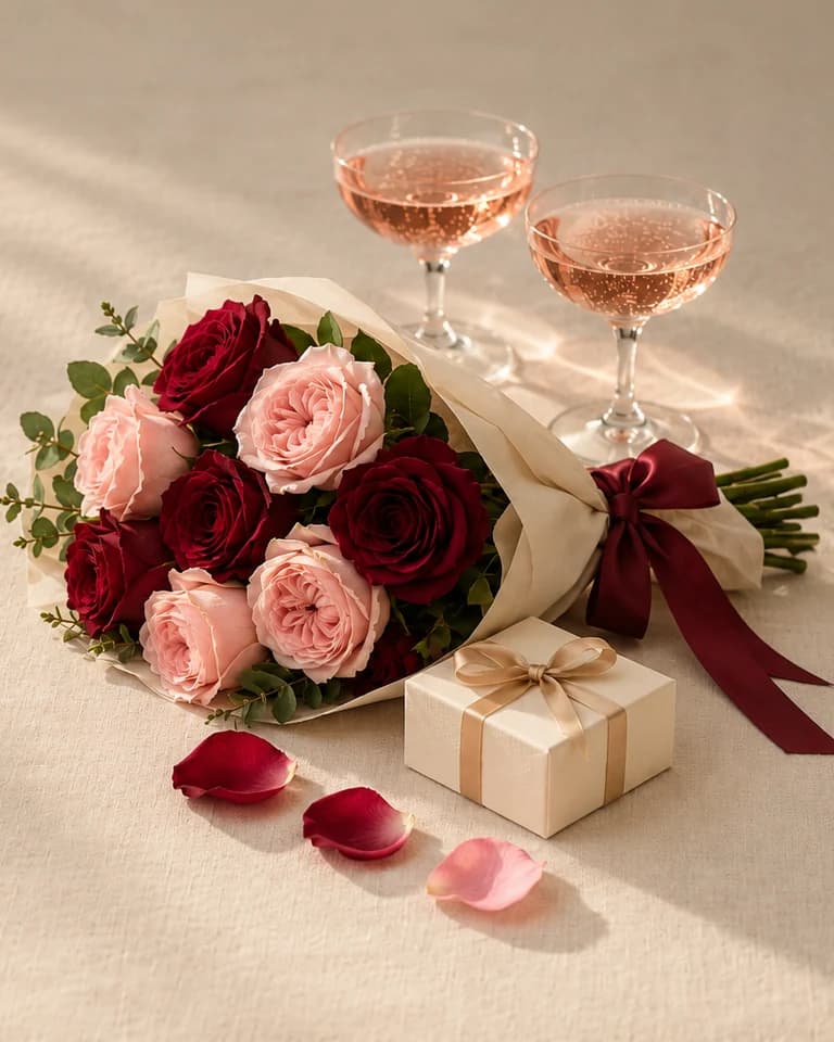 Illustration: blush and burgundy roses with two coupes of pink champagne and a small gift box on cream linen