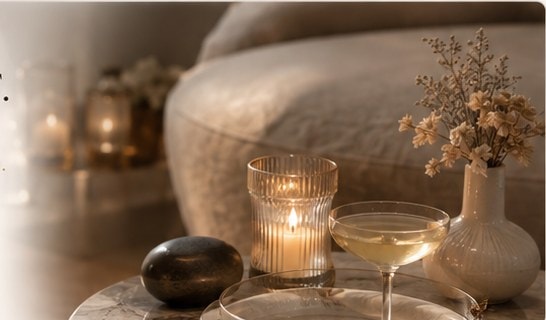 Candlelight and a drink beside a lounge chair