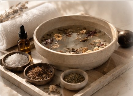A tray of herbs, salts and oils for a custom herbal pedicure soak