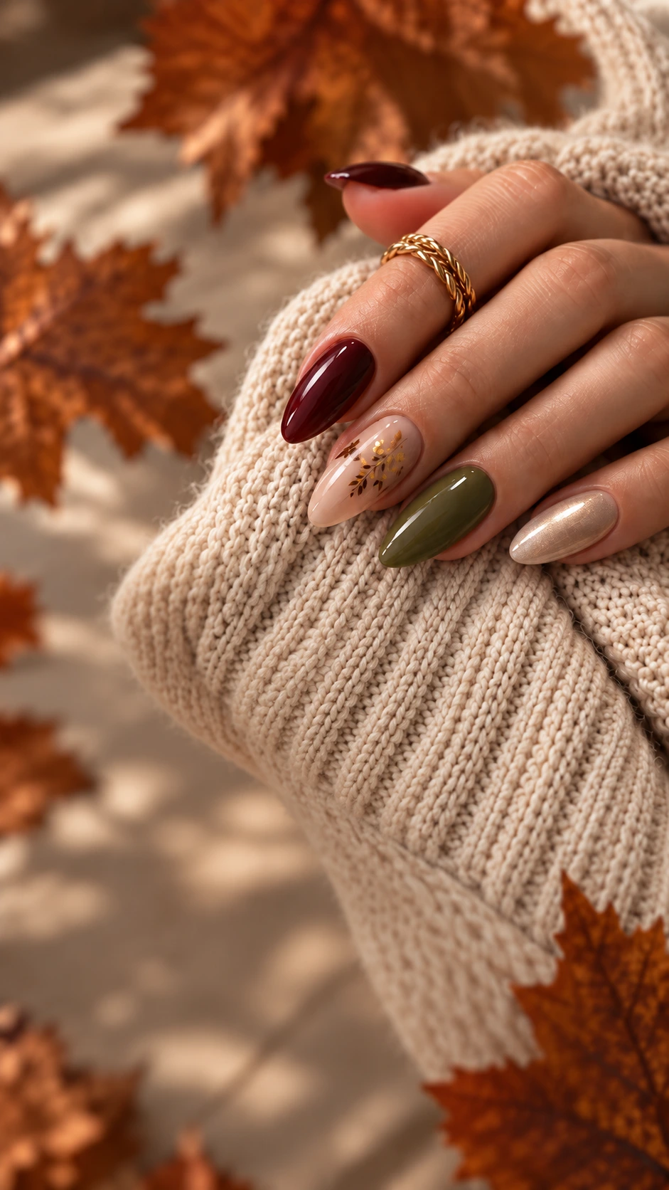 Warm autumn nails on a cream knit sweater, surrounded by fall leaves