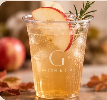 Sparkling apple drink over ice with an apple slice and a rosemary sprig