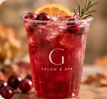 Sparkling cranberry drink with whole cranberries, an orange slice and rosemary