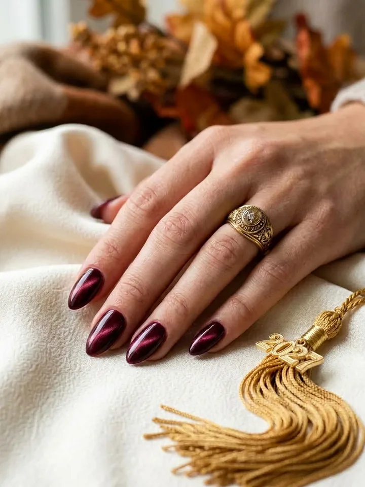 Burgundy velvet cat-eye almond nails beside a gold class ring and graduation tassel
