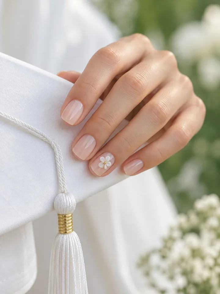 Short sheer nude nails with a tiny white 3D flower holding a graduation cap
