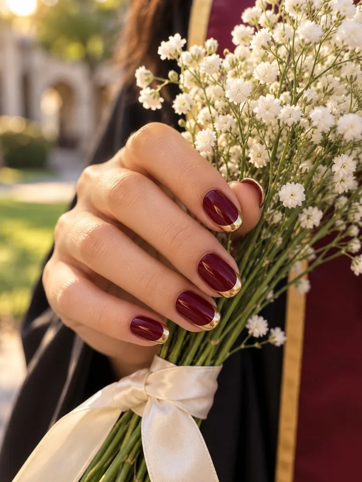 Maroon nails with thin metallic gold French tips holding baby's breath