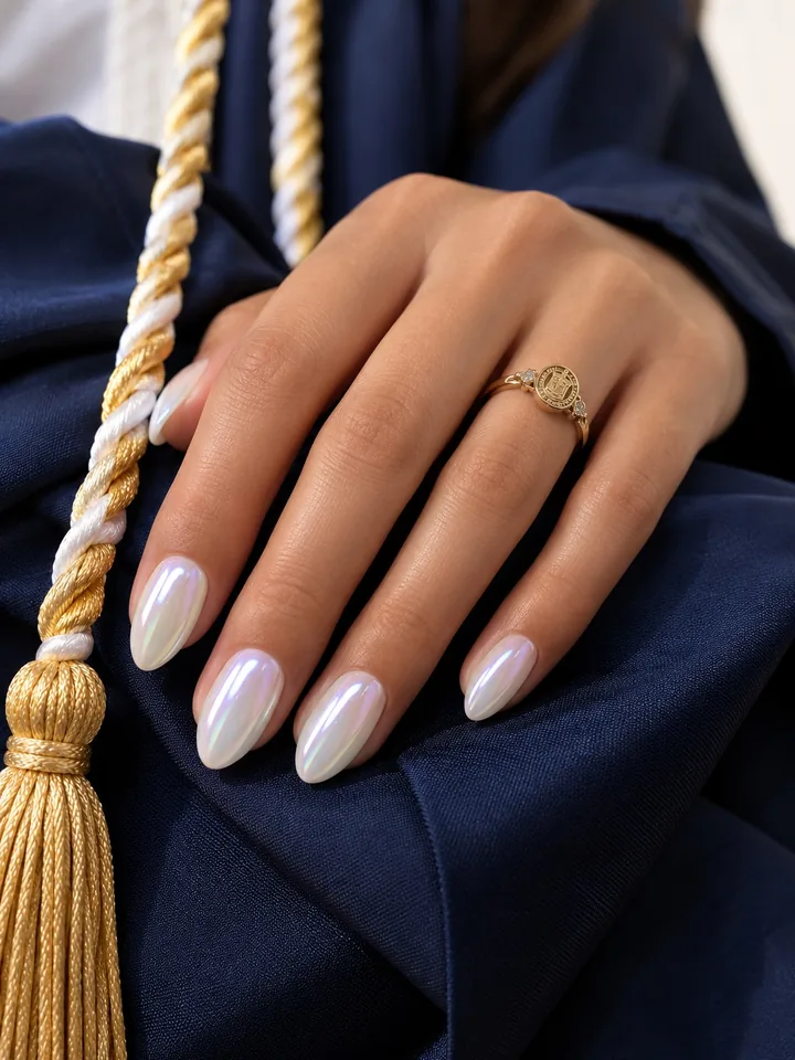 White pearl chrome almond nails on a navy graduation gown with an honor cord